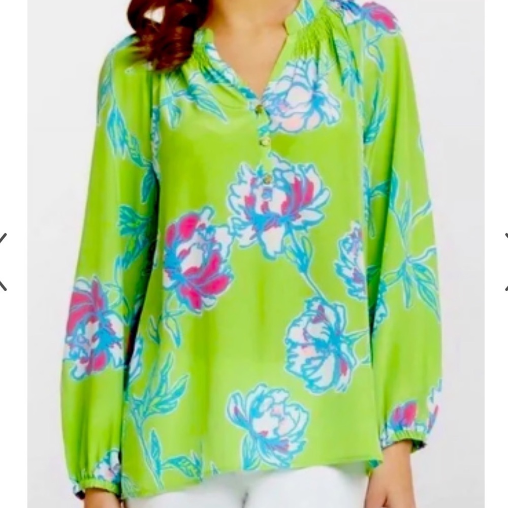 Lilly Pulitzer Elsa smocked 1/4 button down long sleeve V neck 100% silk blouse
